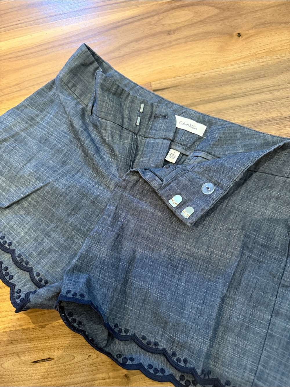 Calvin Klein Blue Chambray Scalloped Hem High-Waist Shorts